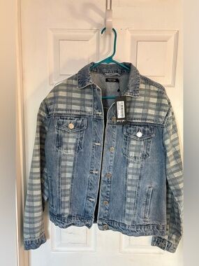 Nasty Gal Light Blue Plaid Mixed-Media Oversized Denim Jacket